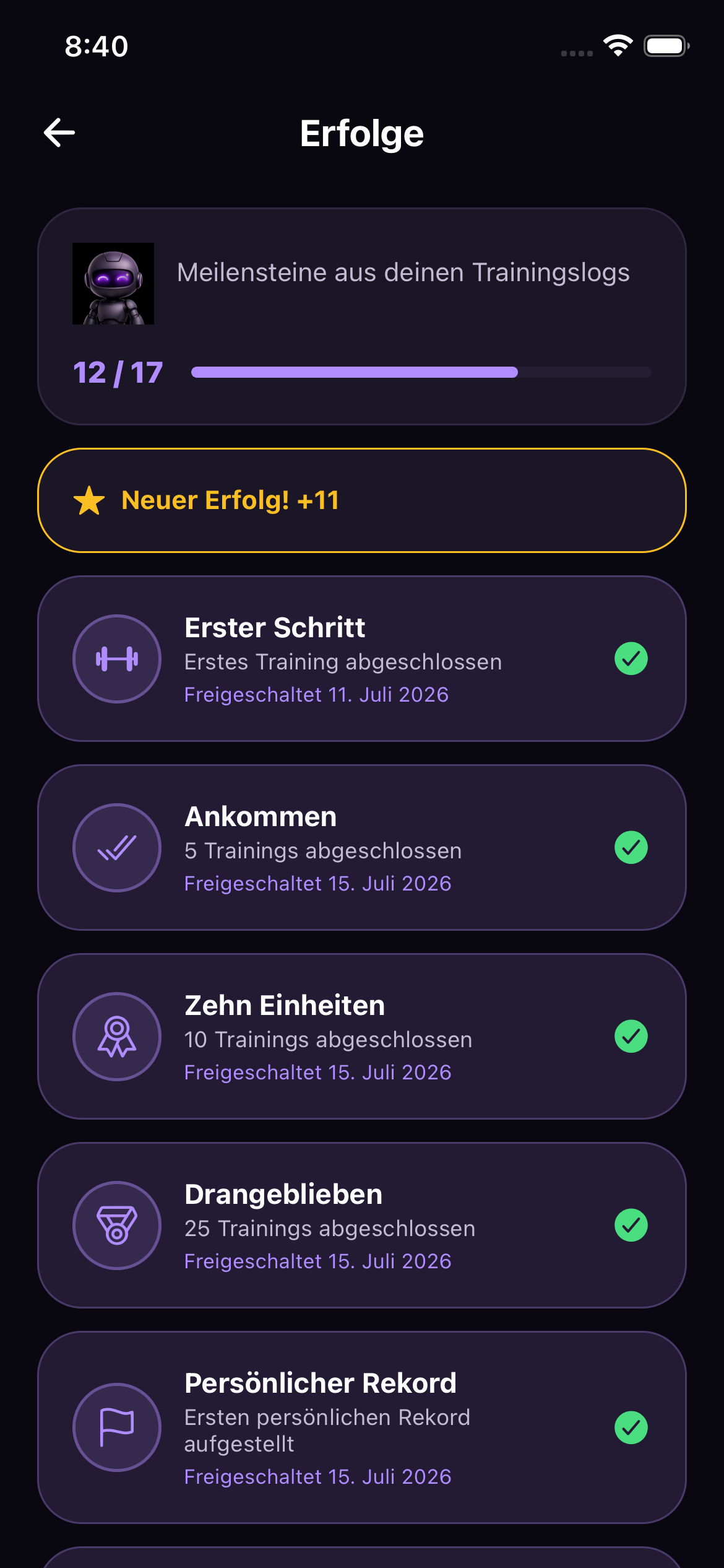 Erfolge und Meilensteine mit freigeschalteten und laufenden Zielen