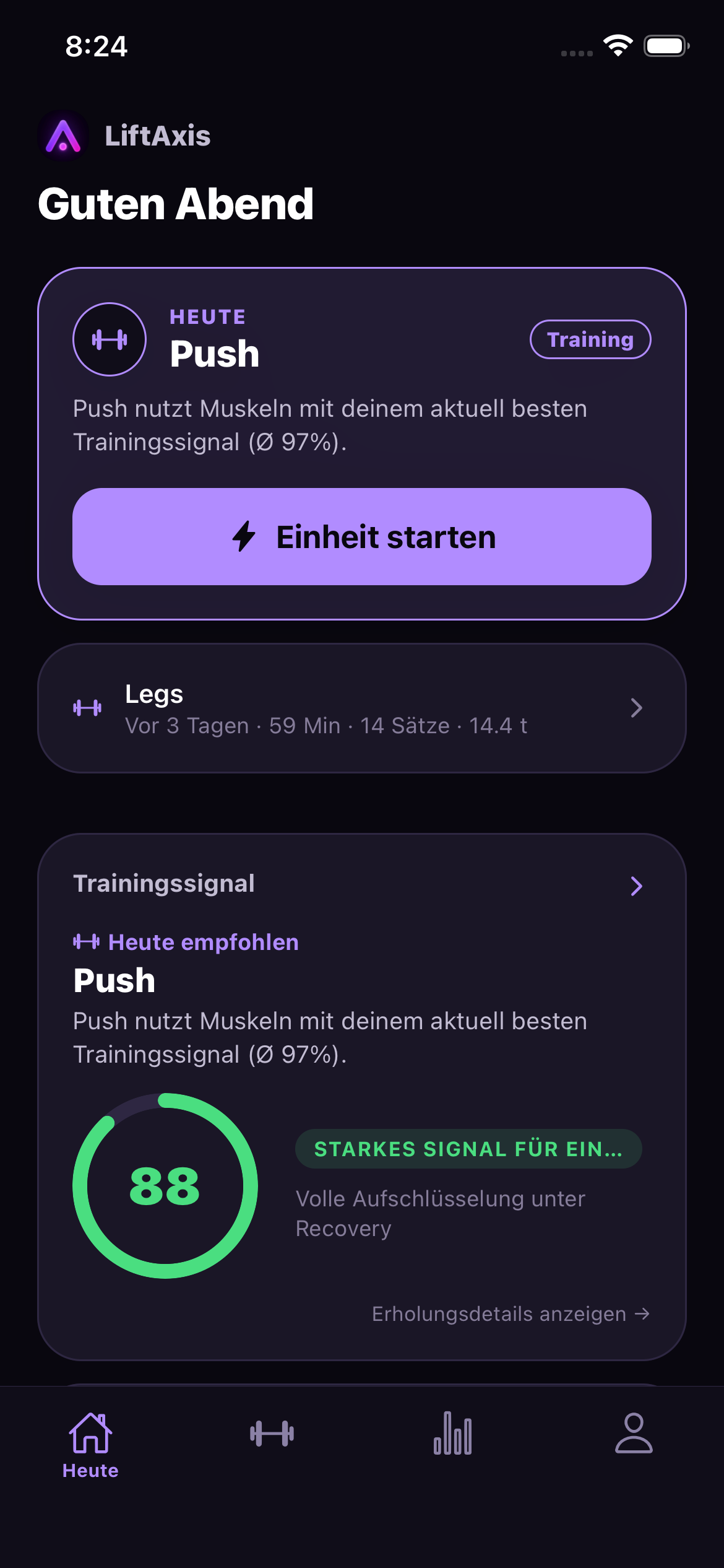 LiftAxis Home-Dashboard mit Trainingssignal und heutiger Einheit