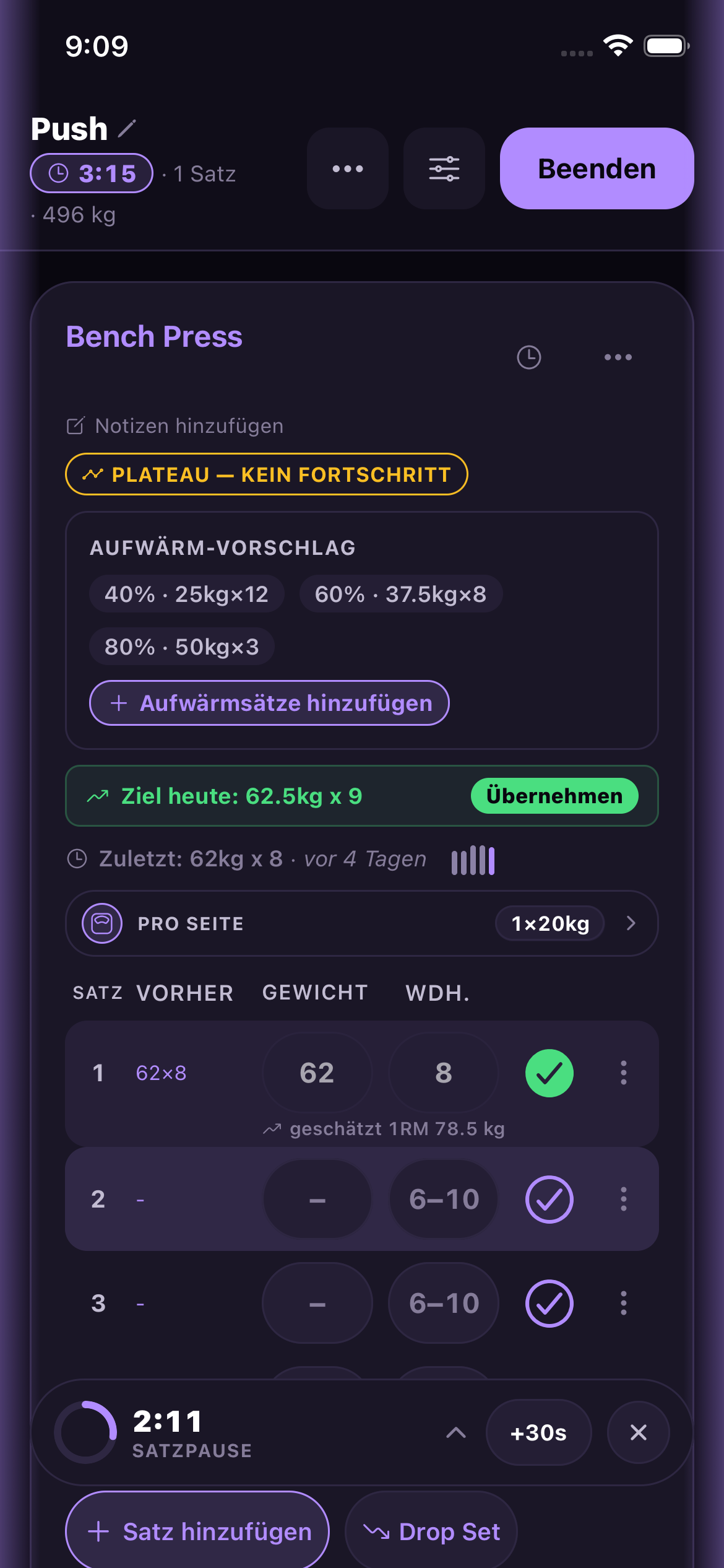 Aktives Workout in LiftAxis mit geloggtem Satz, geschätztem 1RM und Rest-Timer